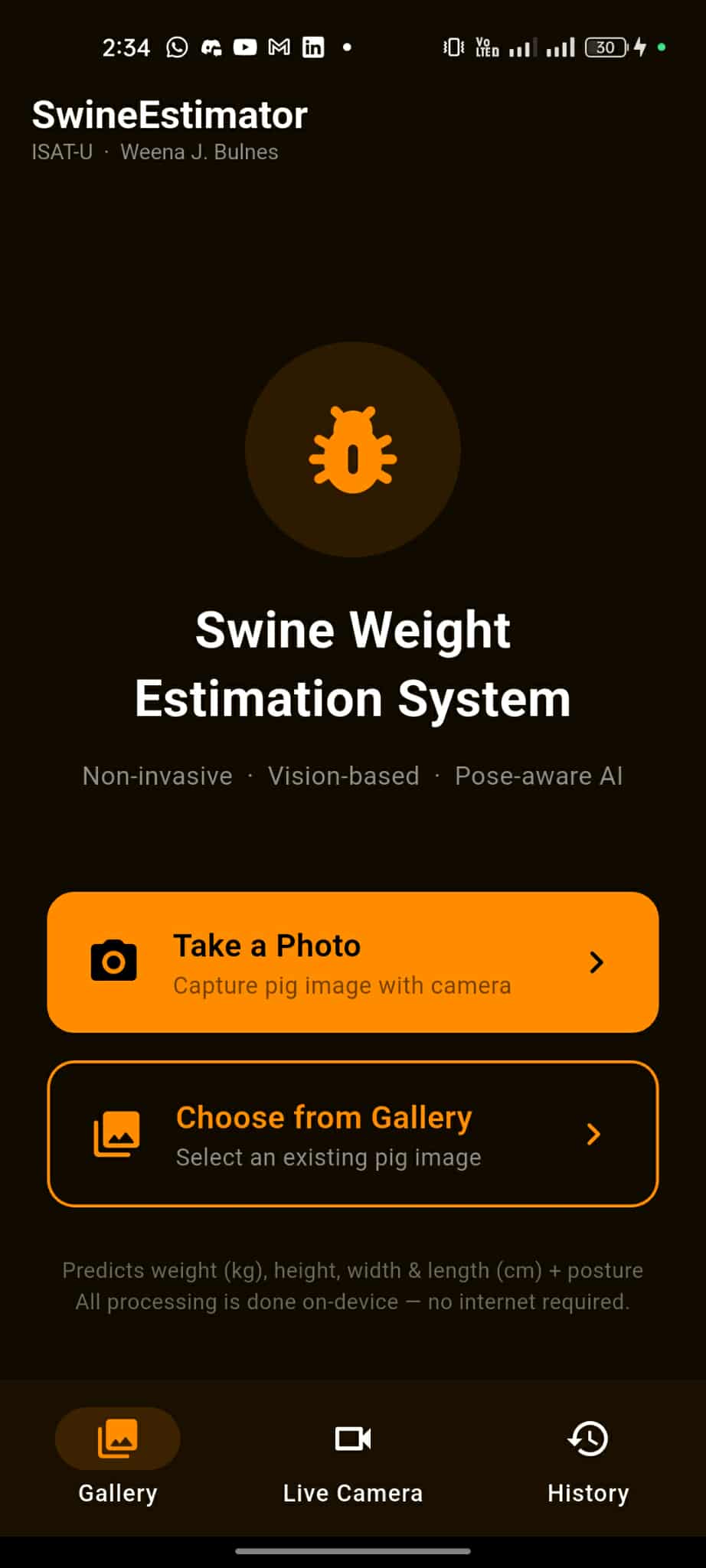 Swine weight estimation — image capture screen