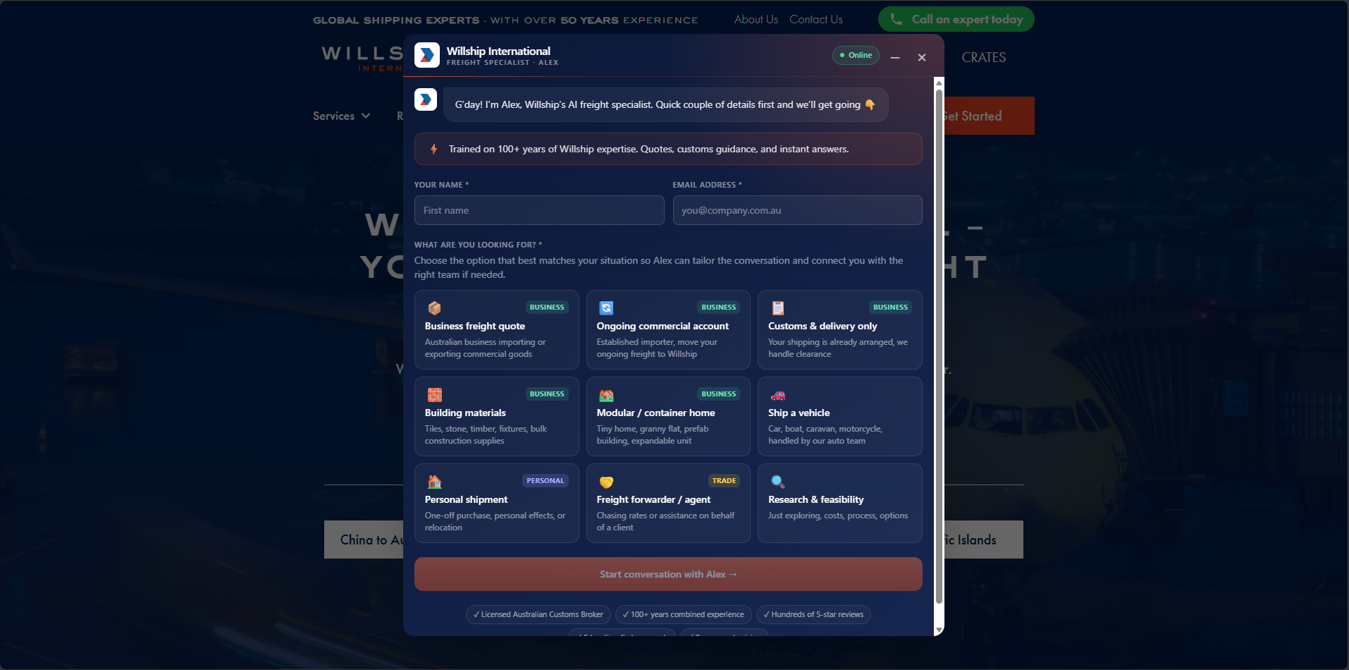 Willship Alex AI Sales Chatbot